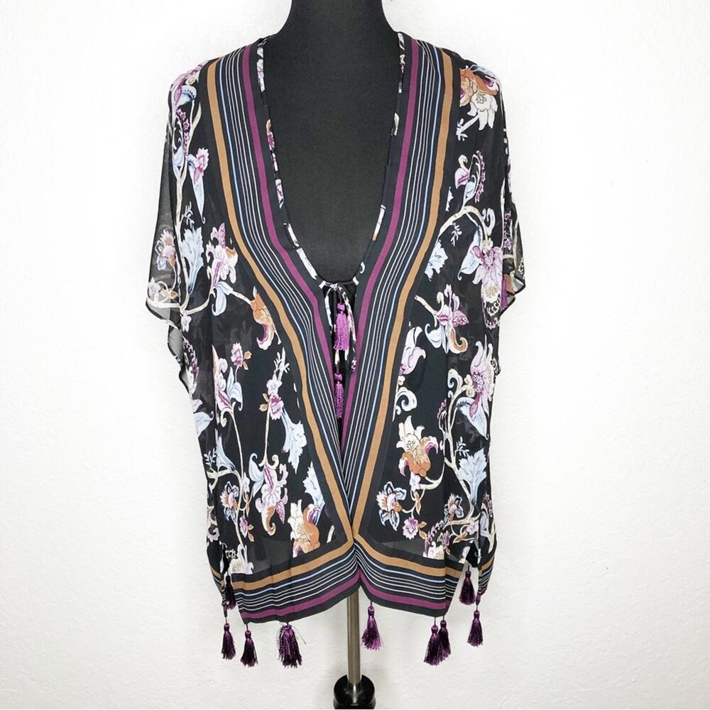 WHBM black blue purple floral tassel trim sheer kimono style top‎ size SP / MP